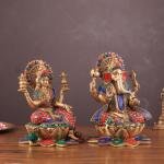 Pure Brass Ganesh Lakshmi Idols Pair with Meenakari Stonework - 12" Height